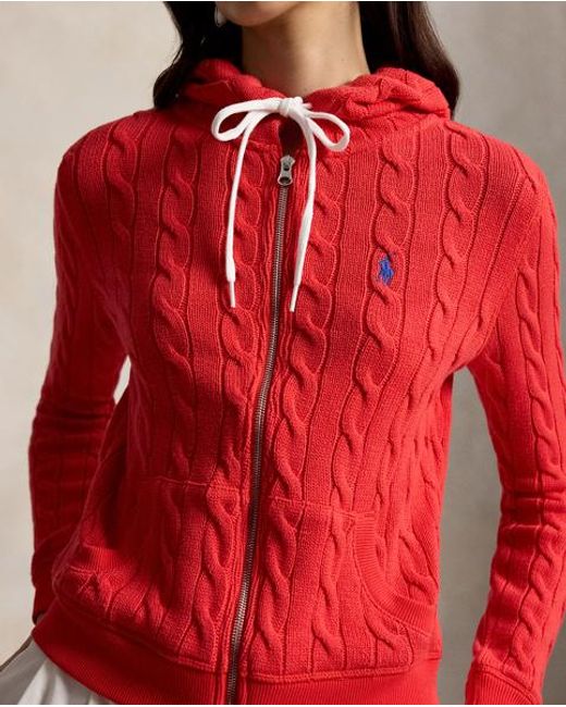 Polo Ralph Lauren Red Cable-Knit Cotton Full-Zip Hoodie