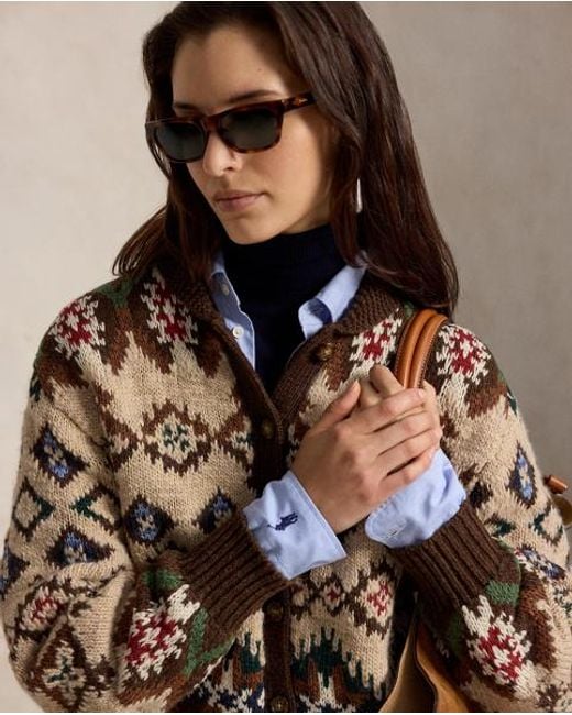 Polo Ralph Lauren Brown Geo-Pattern Wool-Cashmere Cardigan