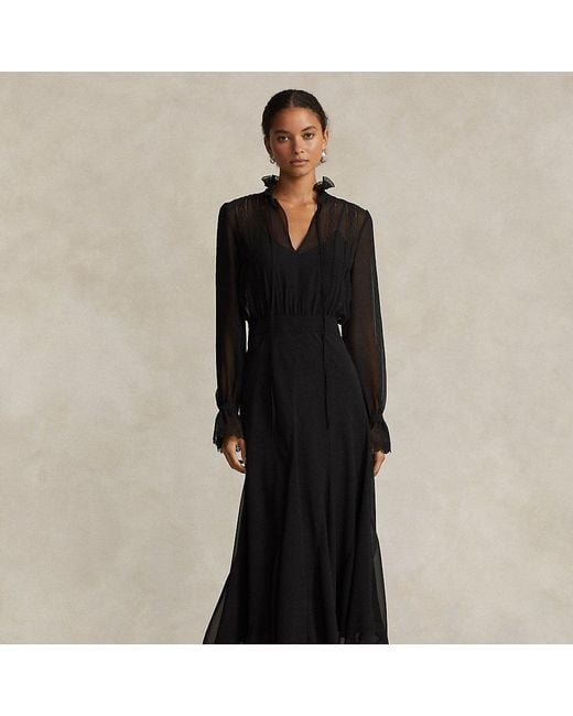 Ralph Lauren Black Lace-trim Blouson Georgette Dress