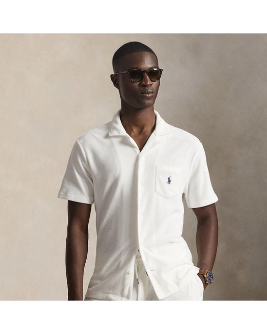Polo Ralph Lauren White Custom Slim Fit Terry Camp Shirt for men