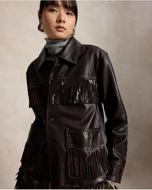 Polo Ralph Lauren Black Fringe-Trim Leather Shirt