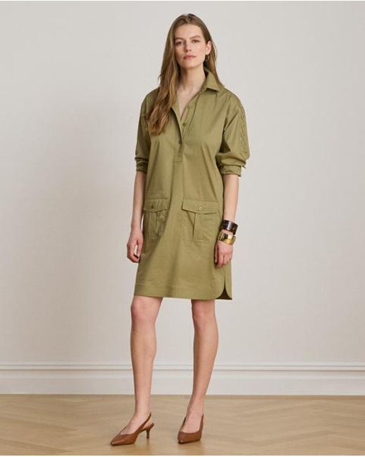 Ralph Lauren Green Lace-Up-Trim Cotton-Blend Shirtdress
