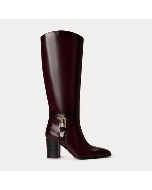 Ralph Lauren Brown Raelynn Glazed Leather Tall Boot Heel