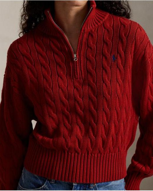 Polo Ralph Lauren Red Cable-Knit Cotton Quarter-Zip Sweater