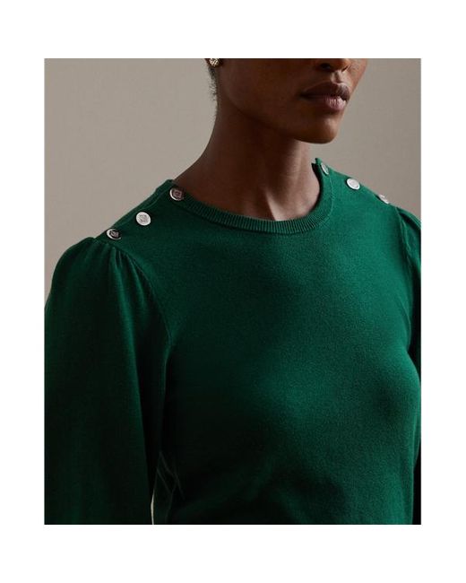 Ralph Lauren Green Button-trim Puff-sleeve Sweater