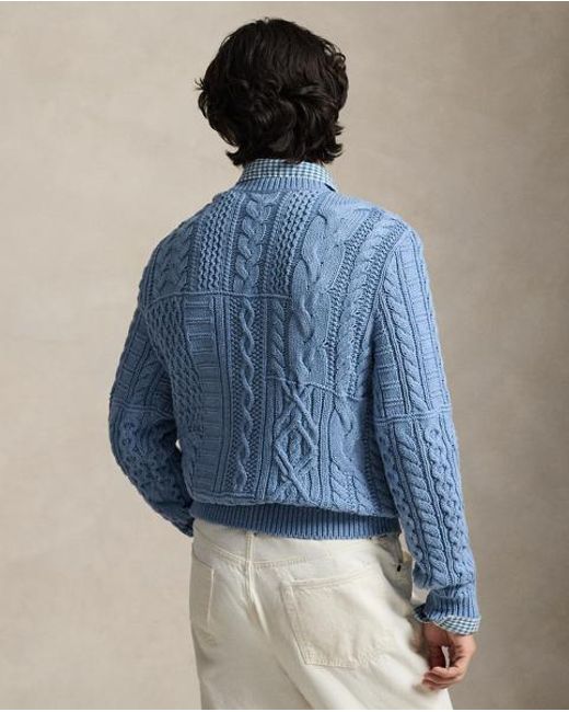 Ralph Lauren Blue Aran-Knit Flag Jumper for men