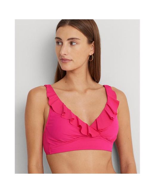 Top da bikini con scollo a V e volant di Lauren by Ralph Lauren in Pink