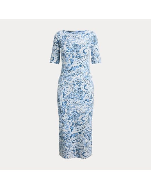Ralph Lauren Blue Paisley Boatneck Cotton Midi Dress