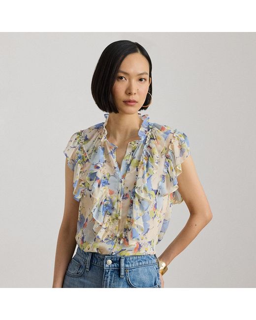 Ralph Lauren Blue Floral Ruffle-Trim Georgette Shirt