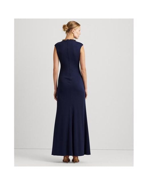 Lauren by Ralph Lauren Blue Chain-trim Stretch Jersey Gown