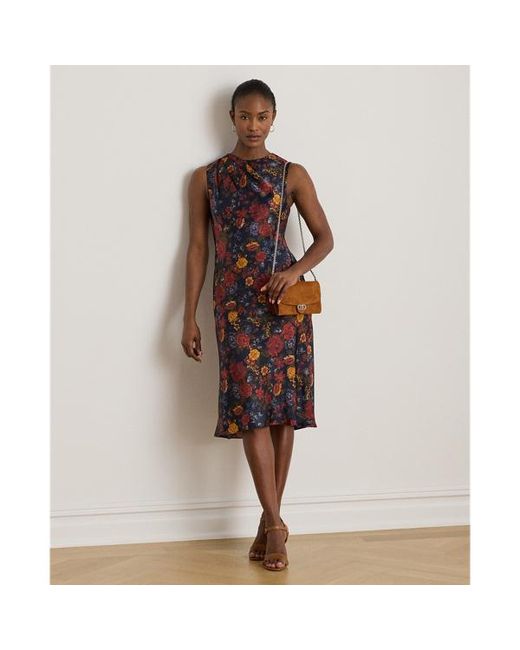 Ralph Lauren Brown Floral Pleated Charmeuse Cocktail Dress