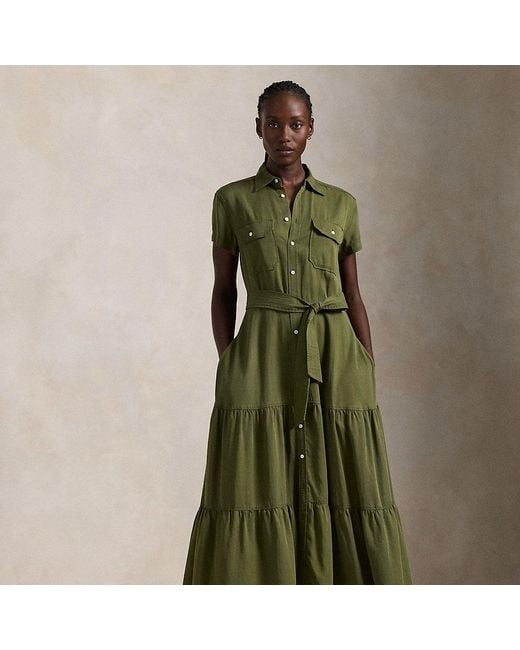 Polo Ralph Lauren Green Gestuftes Hemdkleid Mit Gürtel