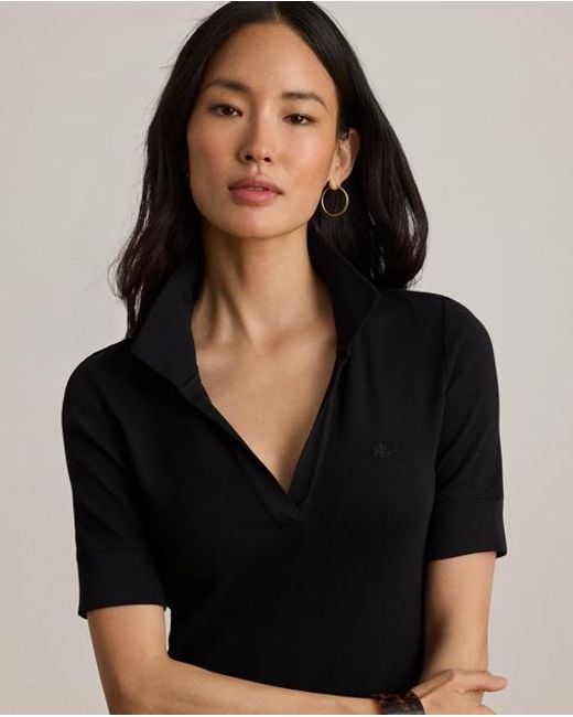 Ralph Lauren Black Rib-Knit Elbow-Sleeve Polo Dress