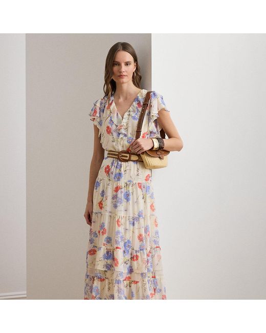 Ralph Lauren Natural Floral Belted Georgette Tiered Dress