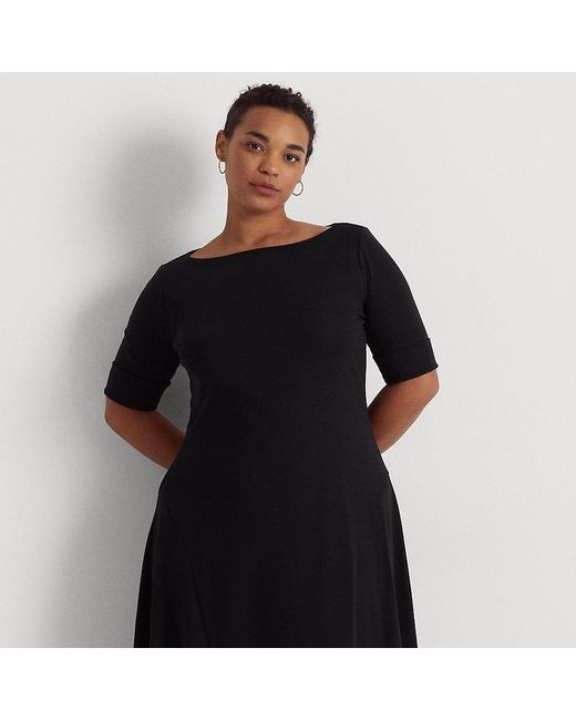 Ralph Lauren Stretch Cotton Midi Dress in Black | Lyst