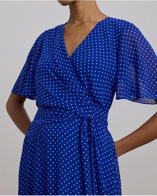 Ralph Lauren Blue Polka-Dot Belted Crinkle Georgette Dress
