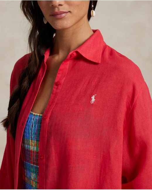 Polo Ralph Lauren Red Cover-Up-Hemdkleid Mit Leinen