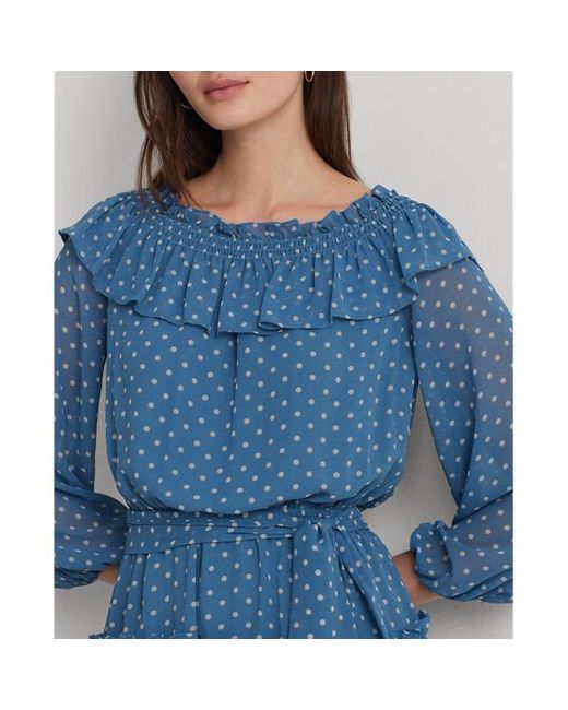 Lauren by Ralph Lauren Blue Print Georgette Off-the-shoulder Dress