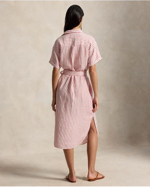 Polo Ralph Lauren Pink Short-Sleeved Striped Linen Shirt Dress