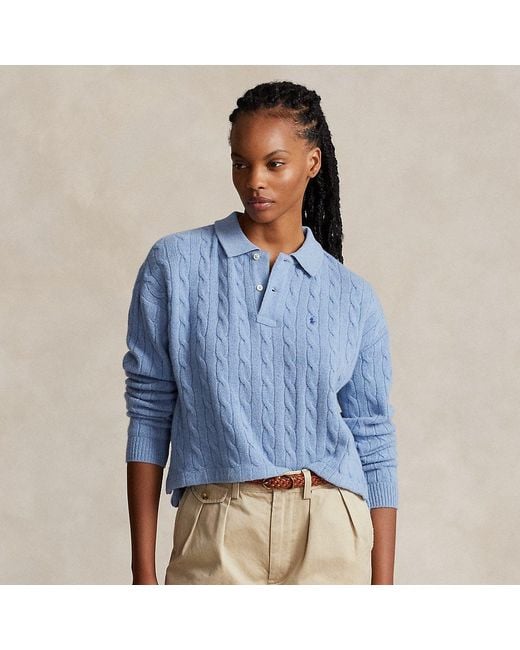 Polo Ralph Lauren Cable knit Wool cashmere Polo Shirt in Blue Lyst UK