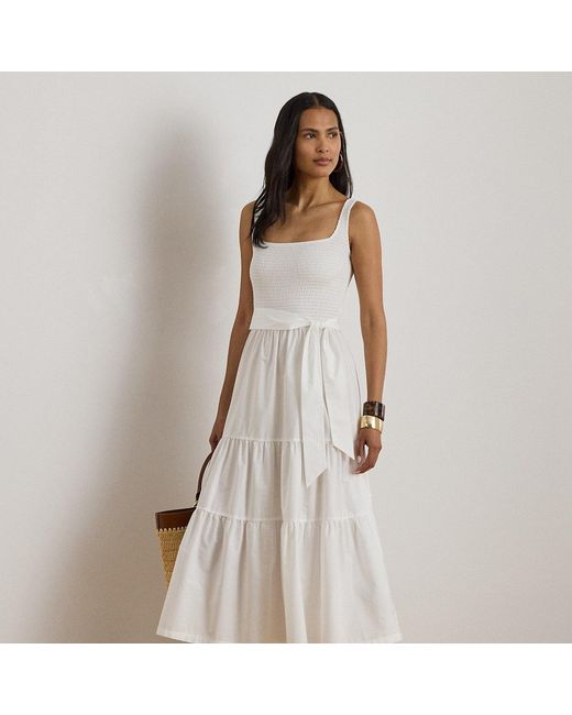 Ralph Lauren White Tiered Belted Jersey & Broadcloth Dress