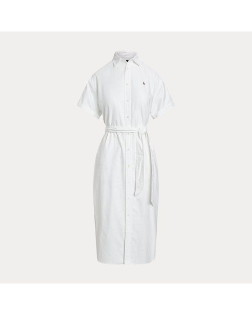 Polo Ralph Lauren White Kurzärmliges Oxford-Hemdkleid mit Gürtel