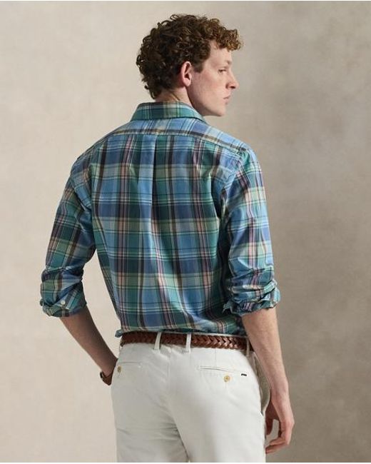 Polo Ralph Lauren Blue Custom Fit Plaid Poplin Shirt for men