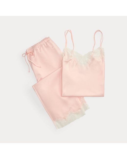 Ralph Lauren Brown Lace-Trim Satin Double-Strap Cami Pj Set