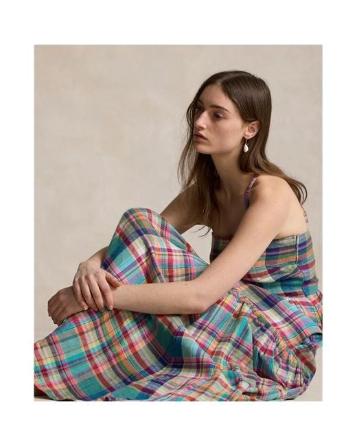 Polo Ralph Lauren Geruite Linnen Midi-jurk in het Brown