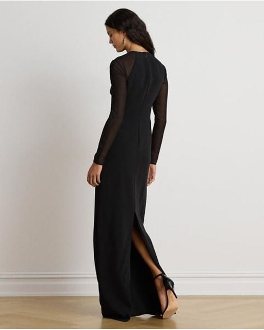 Ralph Lauren Black Georgette-Trim Crepe Long-Sleeve Gown