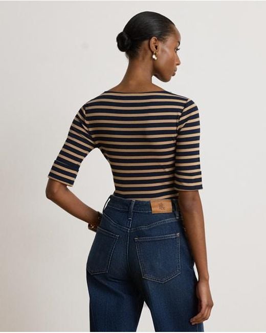 Ralph Lauren Black Striped Stretch Cotton Boatneck T-Shirt