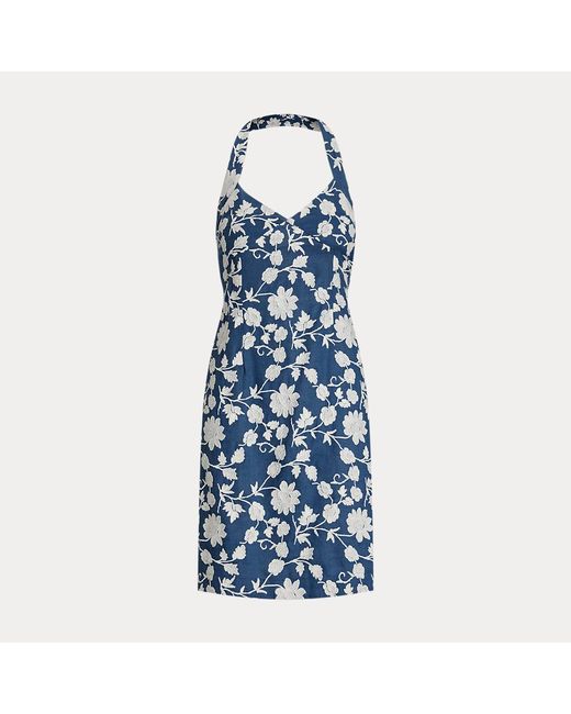 Vestido de lino con bordado de flores Lauren by Ralph Lauren de color Blue