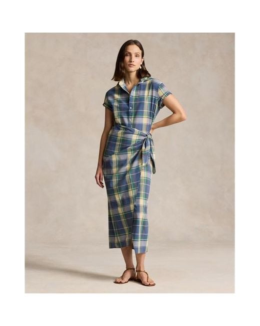 Polo Ralph Lauren Blue Plaid Cotton Faux-wrap Shirtdress