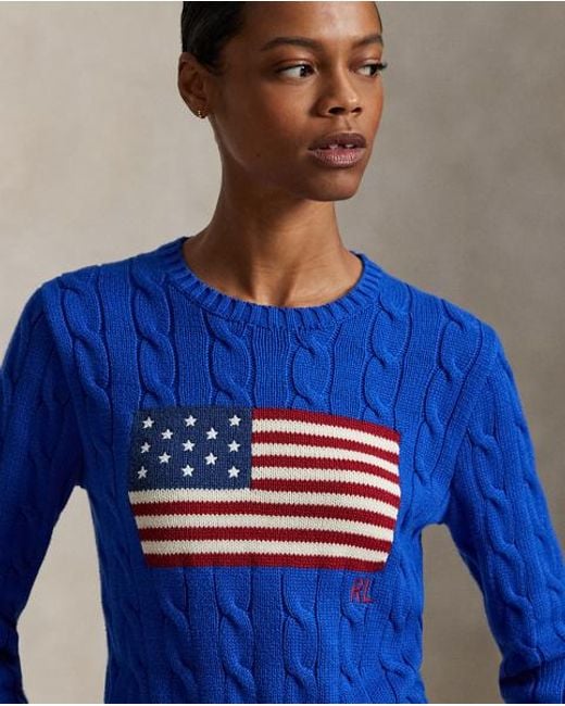 Polo Ralph Lauren Cropped Katoenen Kabeltrui Met Vlag in het Blue