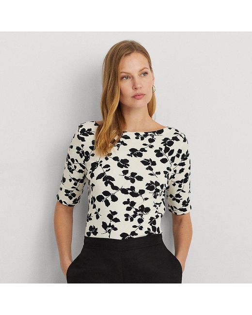 Lauren by Ralph Lauren Black Baumwoll-T-Shirt mit Blätterdruck