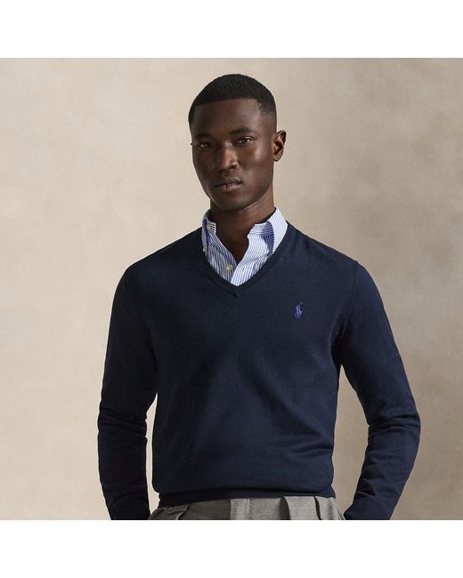 Polo Ralph Lauren Blue Slim Fit Cotton V-neck Sweater for men