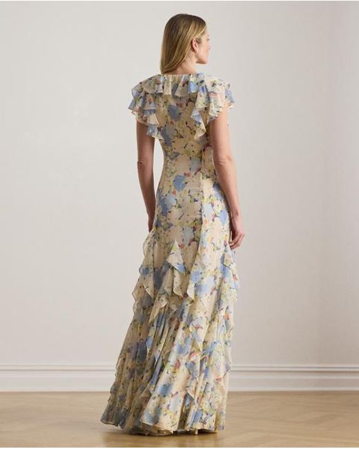 Ralph Lauren White Floral Ruffle-Trim Georgette Gown
