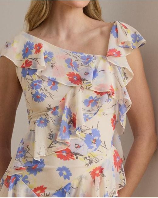 Ralph Lauren Natural Floral Ruffle-Trim Georgette Tiered Gown