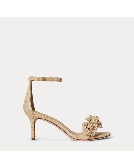 Ralph Lauren Metallic Allie Mid-Heel Floral-Trim Raffia Sandal