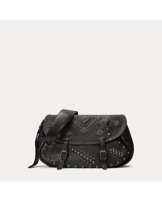 RRL Black Studded Leather Saddle Bag for men