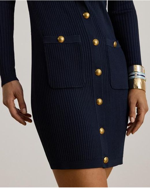 Ralph Lauren Blue Button-Trim Rib-Knit Jumper Dress