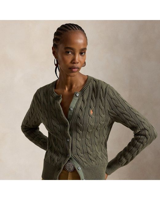 Polo Ralph Lauren Green Cable-Knit Cotton Crewneck Cardigan