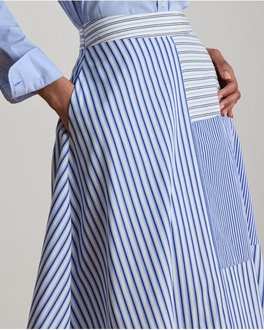 Ralph Lauren Blue Patchwork-Striped Broadcloth Midi Skirt