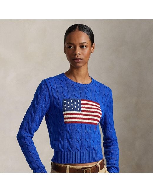 Polo Ralph Lauren Cropped Katoenen Kabeltrui Met Vlag in het Blue