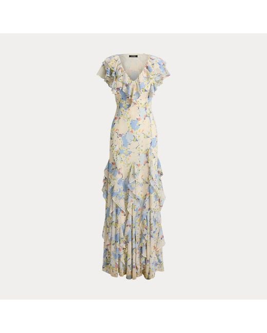 Ralph Lauren White Floral Ruffle-Trim Georgette Gown