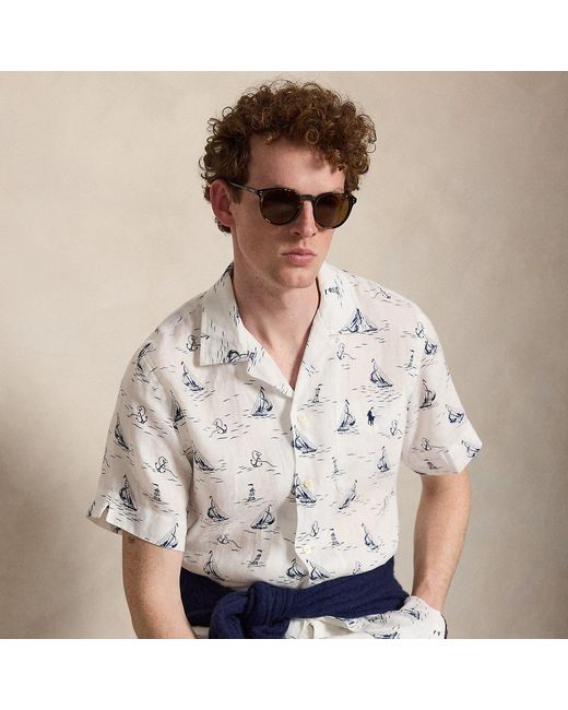Polo Ralph Lauren White Classic Fit Nautical-Print Linen Shirt for men