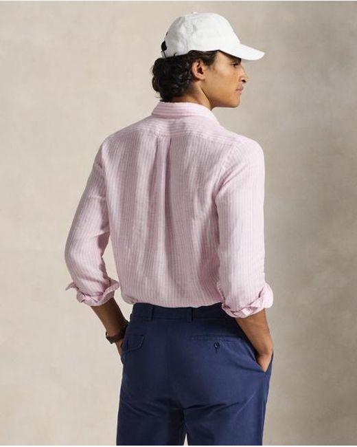 Polo Ralph Lauren Pink Custom Fit Striped Linen Shirt for men
