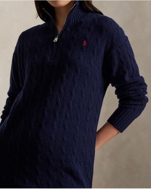 Polo Ralph Lauren Blue Cable Quarter-Zip Wool-Cashmere Dress