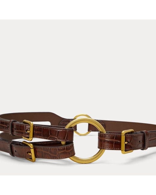 Ralph Lauren Brown Tri-strap O-ring Crocodile-embossed Belt