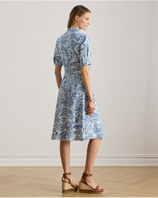 Ralph Lauren Blue Paisley Tie-Front Linen Shirt Dress